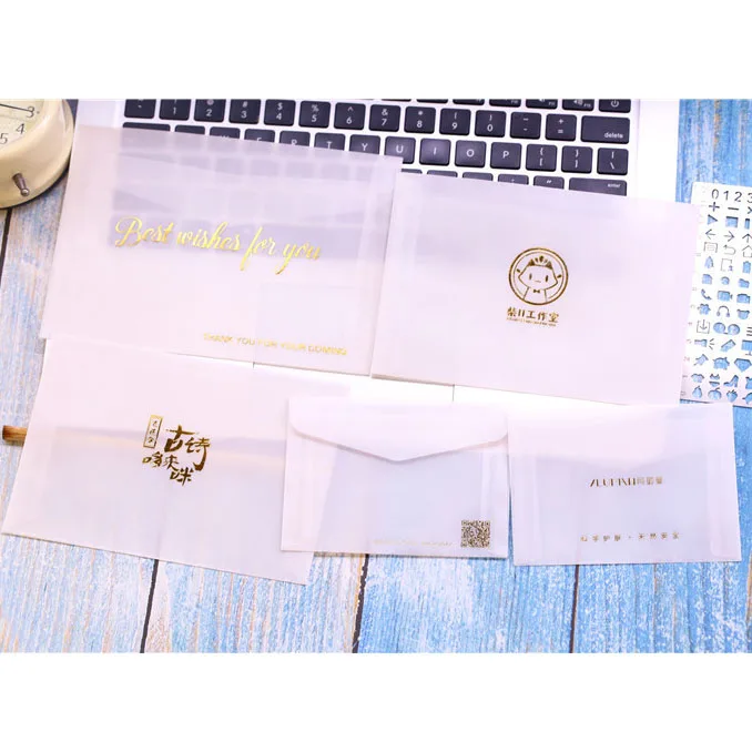 Custom Handmade gold foil logo translucent transparent tracing paper envelope