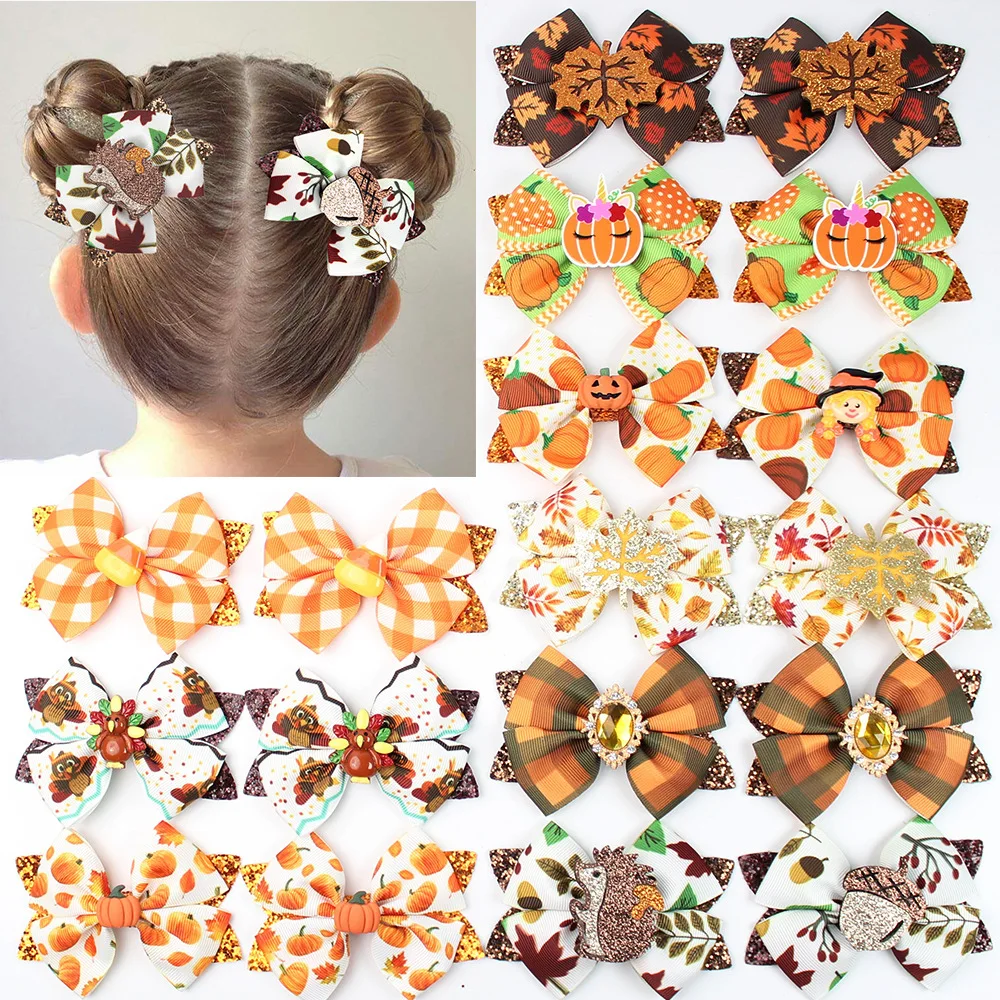 Fall Glitter Hair Bows Clip Kids Toddler Thanksgiving Halloween Holiday Maple Bow For Girls Kids Turkey Hair Accessories