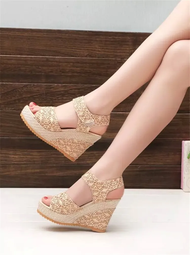 New summer ladies high heel shoes women wedge heel sandals, fish-toe magic tape sandals female heel shoes