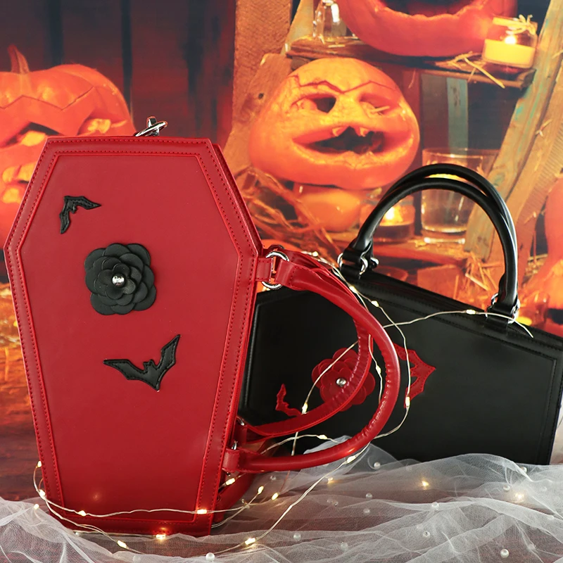 Gothic Style 3 D Roses And Bat Pu Stitched HandBag Custom Coffin Gothic Bag Manufacturer