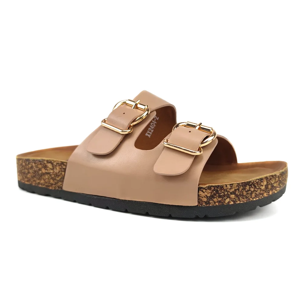 Summer platform comfortable outdoor flat casual sandals button double strap light-weight wide with cork sole Slide women slipper