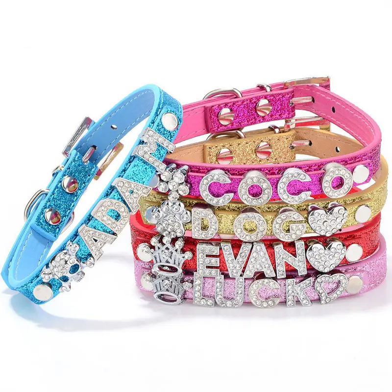 Pet Decoration Adjustable Personalized Dog Collar with Letter PU Leather Bling Rhinestone Pet Collar DIY Name pet supplies