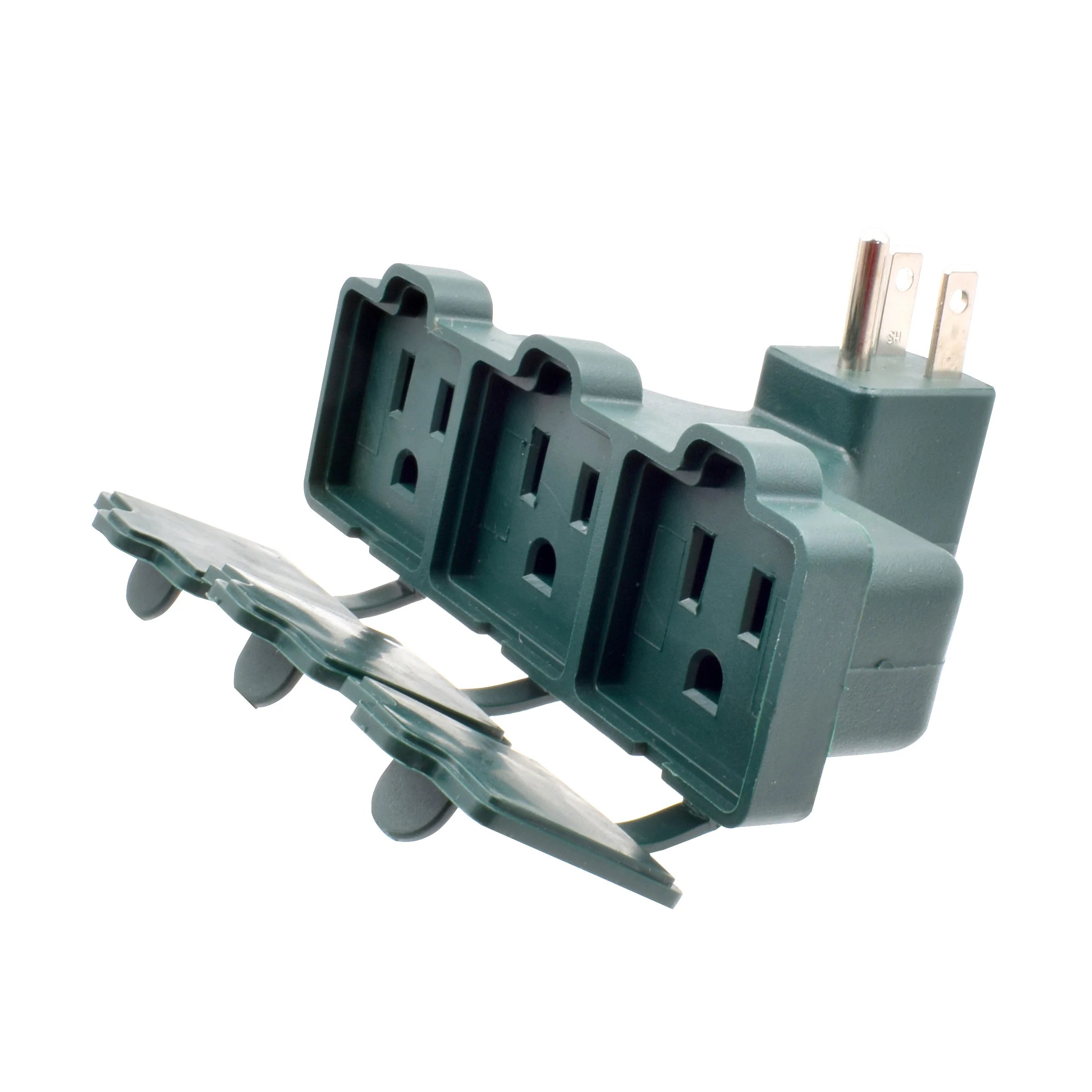US CA 15-Amp 3-Wire Grounding Single to Triple Dustproof Green Color Basic Standard Plug Adapter