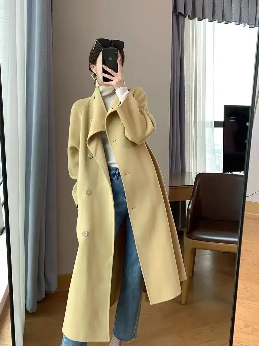 Multi-color double-sided cashmere overcoat 2024 autumn/winter new Korean version of loose leg long lace-up woolen coat