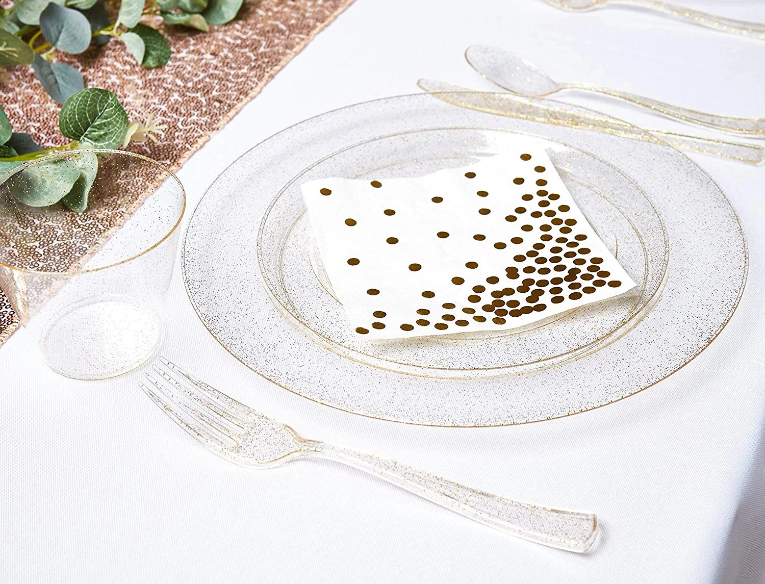 Gold Plates dinnerware set with Disposable Plastic Silverware,Gold Glitter Design Plastic Tableware sets