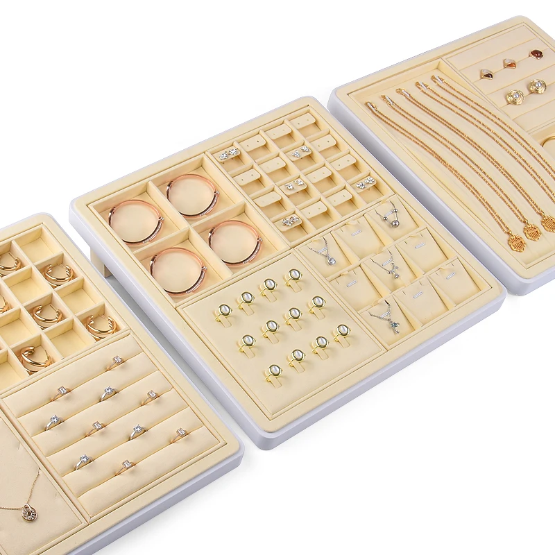 Jinsky beige Microfiber Jewelry Earring Display tray jewellery display stands sets exhibition display stand for jewellery