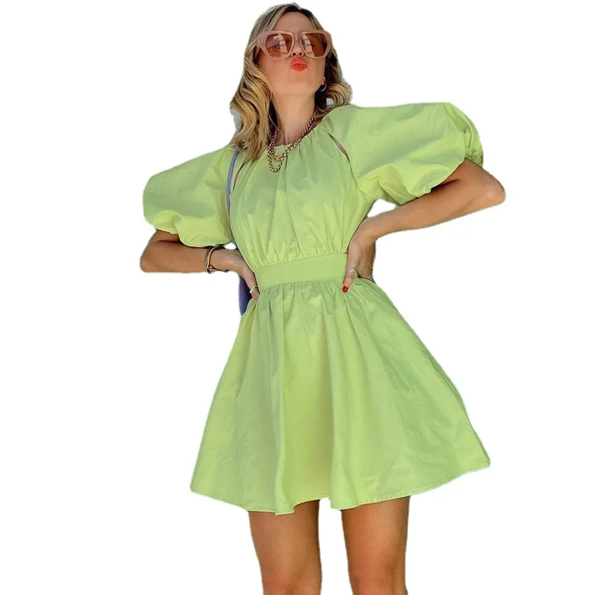 Wholesale 2021 Spring and Summer Fashion Casual Atmosphere Back Hollow Puff Sleeve Waist Puffy Green Female Short Dress