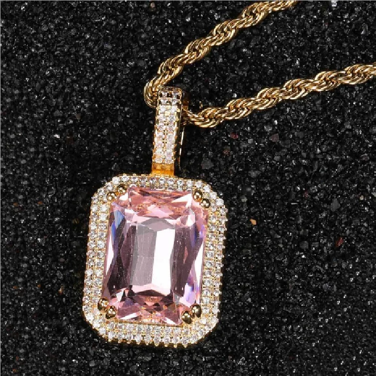 Wholesale Iced Out CZ Pendant Big Blue Crystal Rhinestone Pendant Light Blue Stone Bling Ruby Pendant Hip Hop Necklace