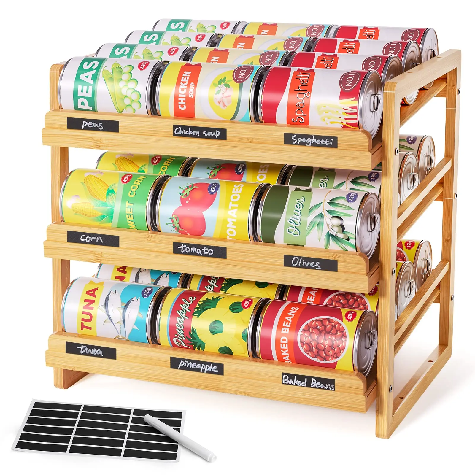 Bamboo stackable can rack organizer 3 Tier Can Storage Rack With Label Sticker And Marker Pen Can Holder Storage Organizer