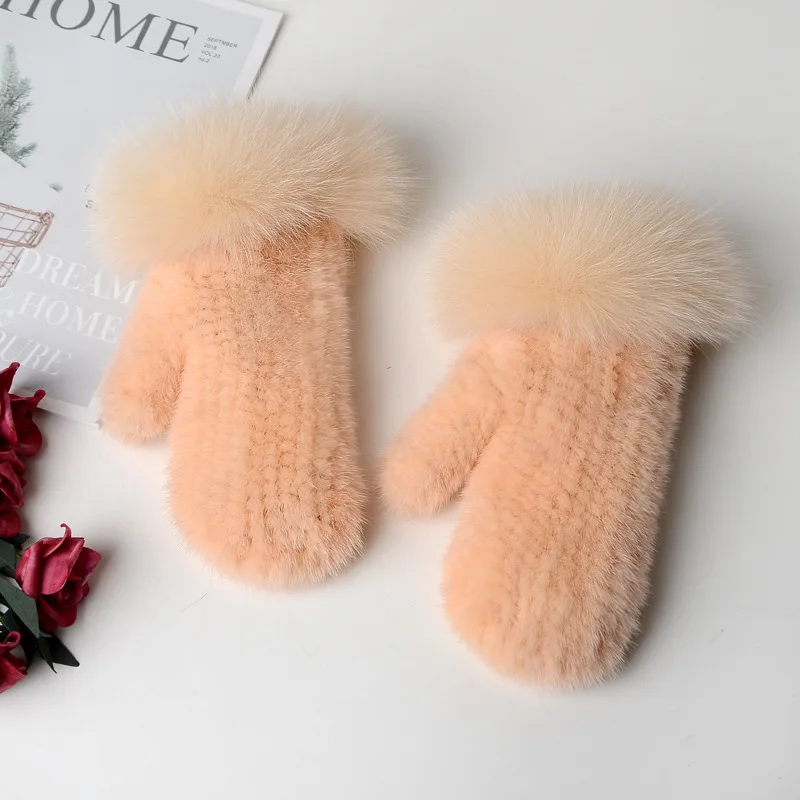 XJ Wholesale Real Mink Fur Gloves Women Fashion Fingerless Wrist Gloves Bracer Hand Knitted Fur Mitten