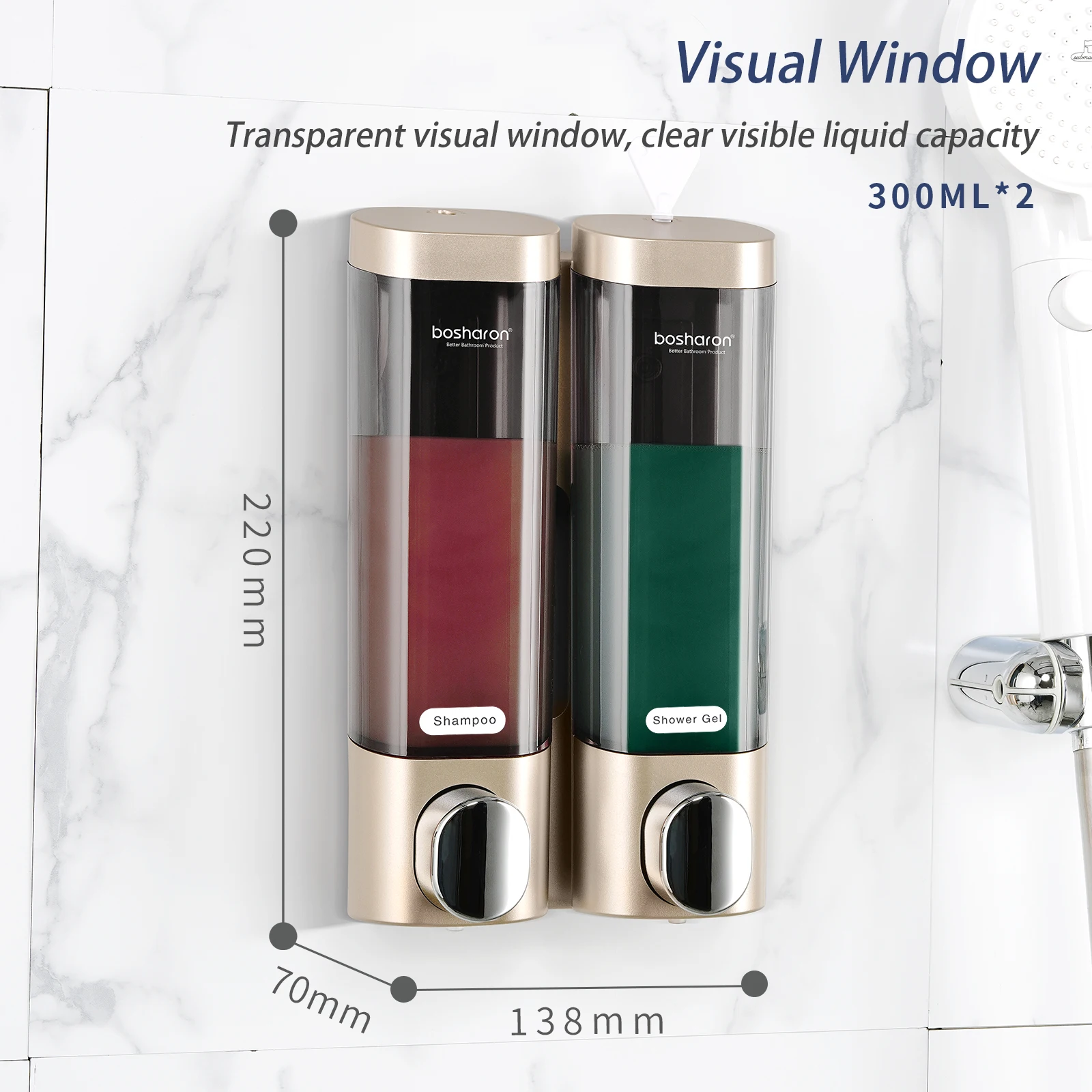 Factory ABS Plastic gold conditioner/Shampoo/Lotion Shower Dispenser System wall mount 300ml*2 double tank liquid soap dispenser