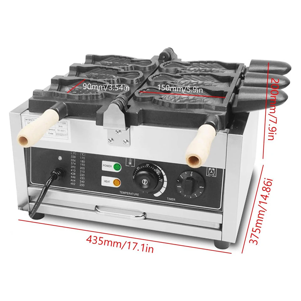 FY1101A Commercial Taiyaki Maker, Non-Stick Coated Fish-Shaped Waffle Iron, 180° Flip Stainless Steel Snack Machine