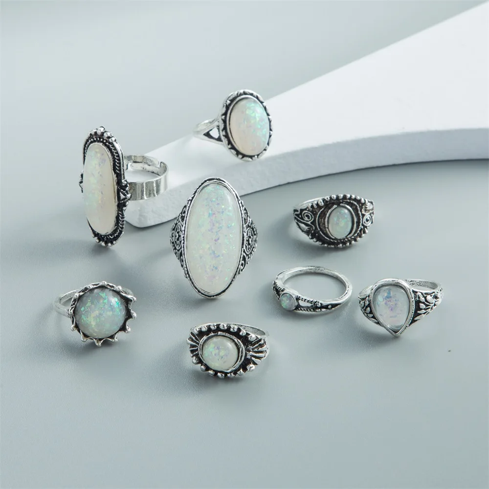 VKME Vintage Silver Color Rings Sets Colorful Opal Crystal Stone Carve For Women Bohemian Jewelry