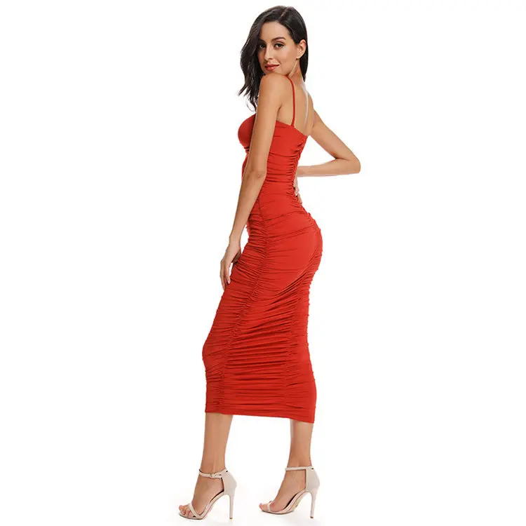 2023 Latest Design Sexy Clubwear Red Spaghetti Strap Cami Bandage Dress Pencil Evening Bodycon Summer Ruffled Midi Dresses