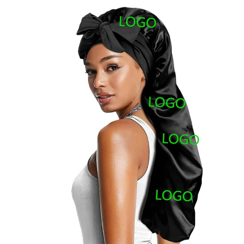 Free Logo Braid Bonnets and Satin Hair Wraps Custom Satin Dreadlock Long Bonnet With Thick Elastic Melt Band Bonnets