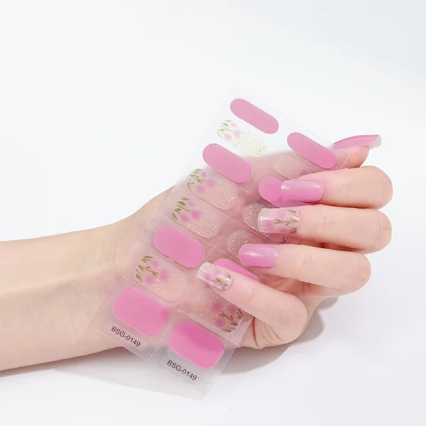 Wholesale Nail Supplies Long Lasting Spring Pink Flower Design Sticky Gel Nail Stickers Easy Apply Toxic Sticker Nail uv