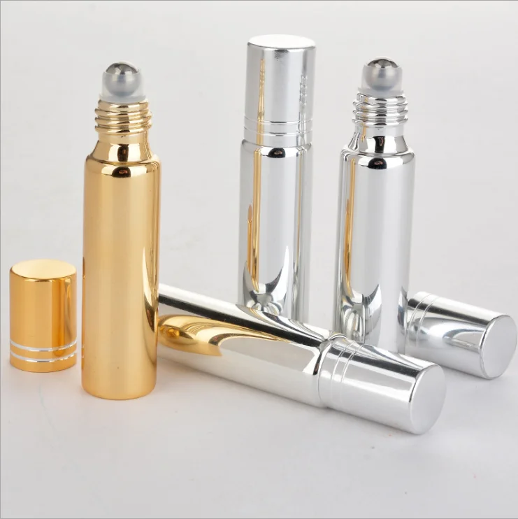 
Luxury 5ml Yellow Gold Silver Plated Glass Roll On Bottle ,UV Coating Diffuser Essential Oil Bottle with Steel Ball and Gold Cap 