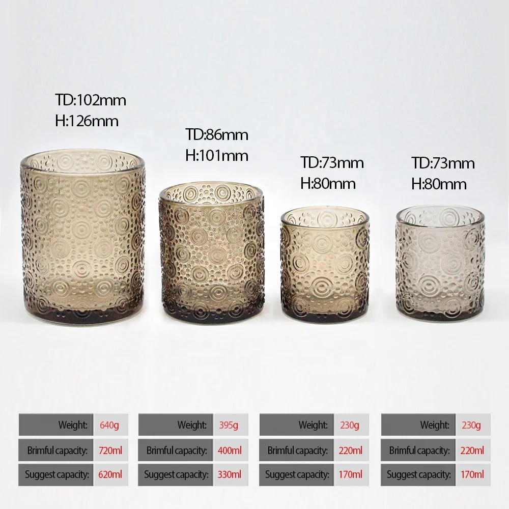 FENGJUN custom wholesale 6oz 11oz 20oz Translucence Blue Brown Gray Regular dots and circles glass candle jar for candle making