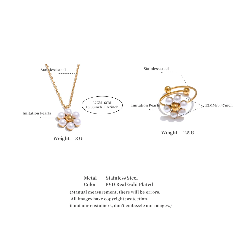 JINYOU 4438 Exclusive Simulated Pearls Flower Golden Necklace Ring Set PVD Stainless Steel Sweet Jewelry Set for Women Gift