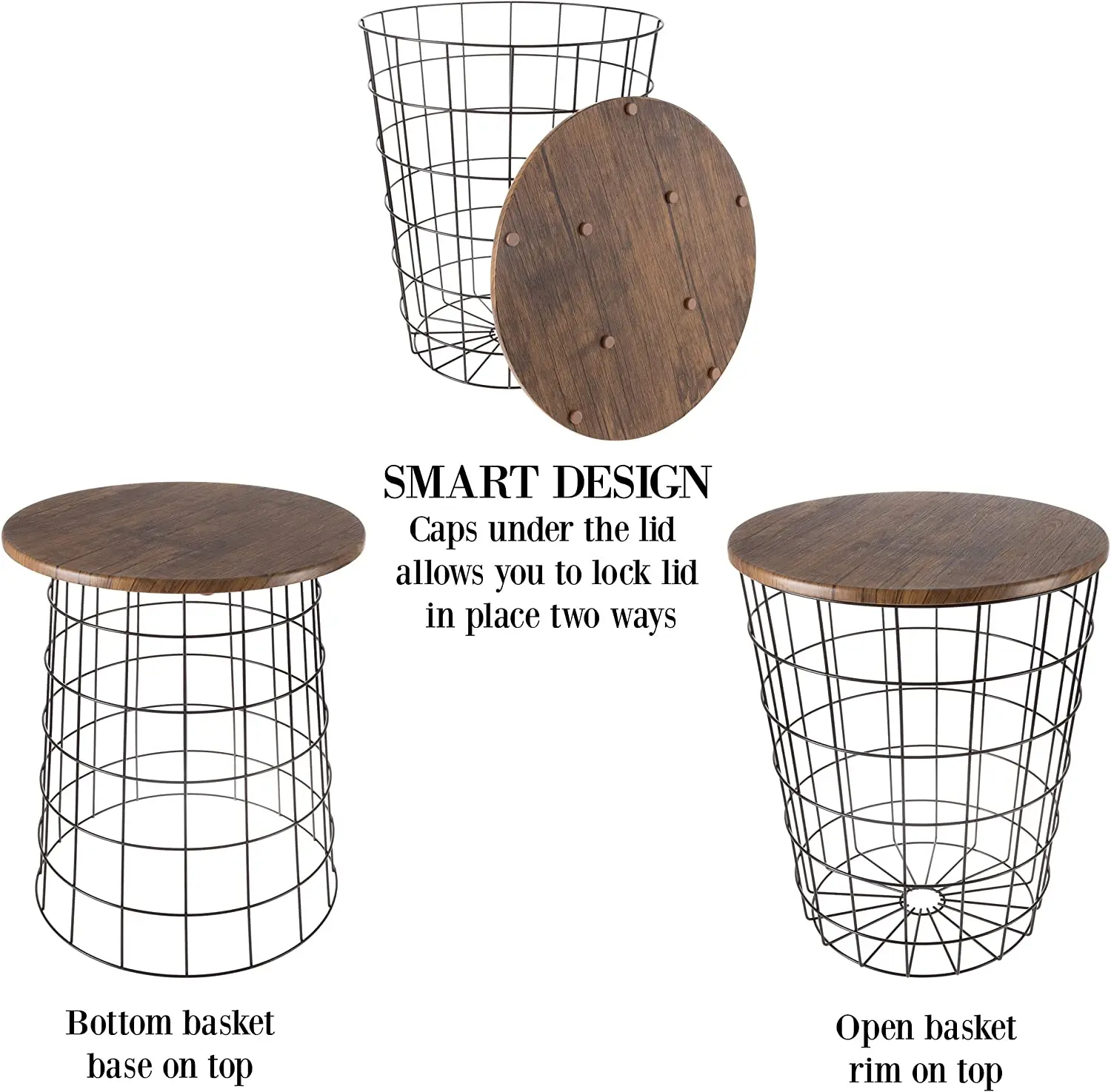 Nesting Wire Basket Base and Wood Tops Farmhouse Style Side Table Set of 2 Decorative Serving Baskets for Home Decor