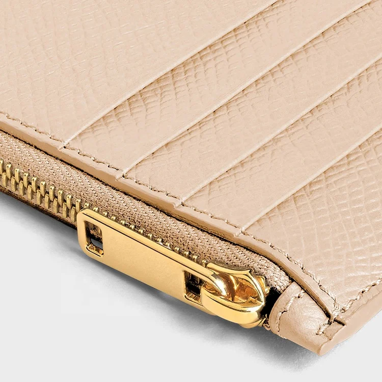 Custom Logo Nude Women Multi Card Slots Zipped Compact Leather Small Card Holders Epsom Leather Zip Cardholder Wallets