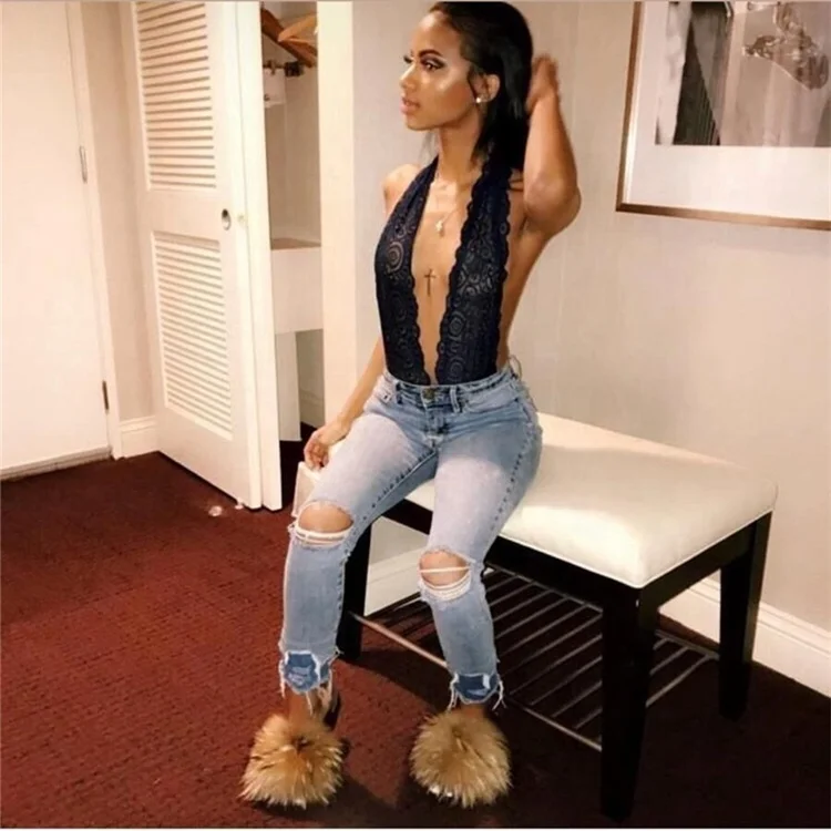 New Design Sexy Ladies Fluffy Real Raccoon Racoon Fur Shoes Sliders Sandal Slippers Slides With Big Furry Fluffy Hair