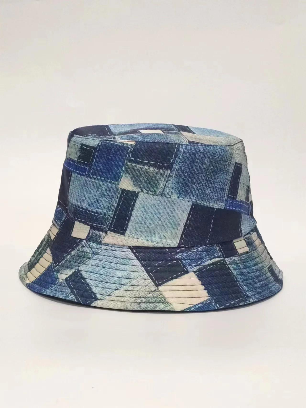 Washed Cotton Vintage travel  Patchwork Denim Bucket Hat for Men Women Teen with Trendy Print Pattern Outdoor Jean Fisherman Hat