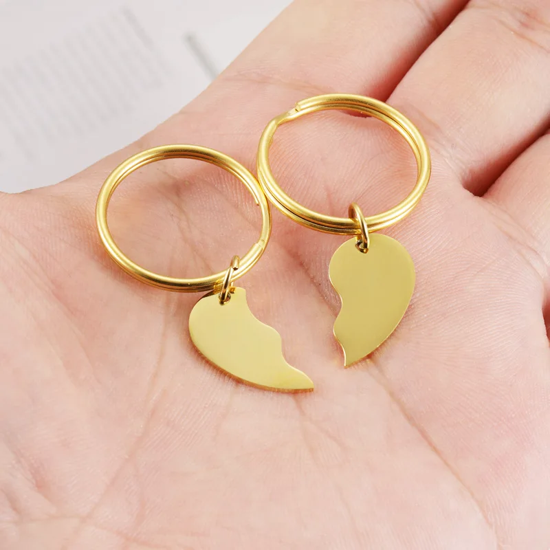 Engraved Blank Stainless Steel Heart Double Key Chain Dual Couple Keychain Pair Heart Couple Laser Logo Keychains Tag Love Gift