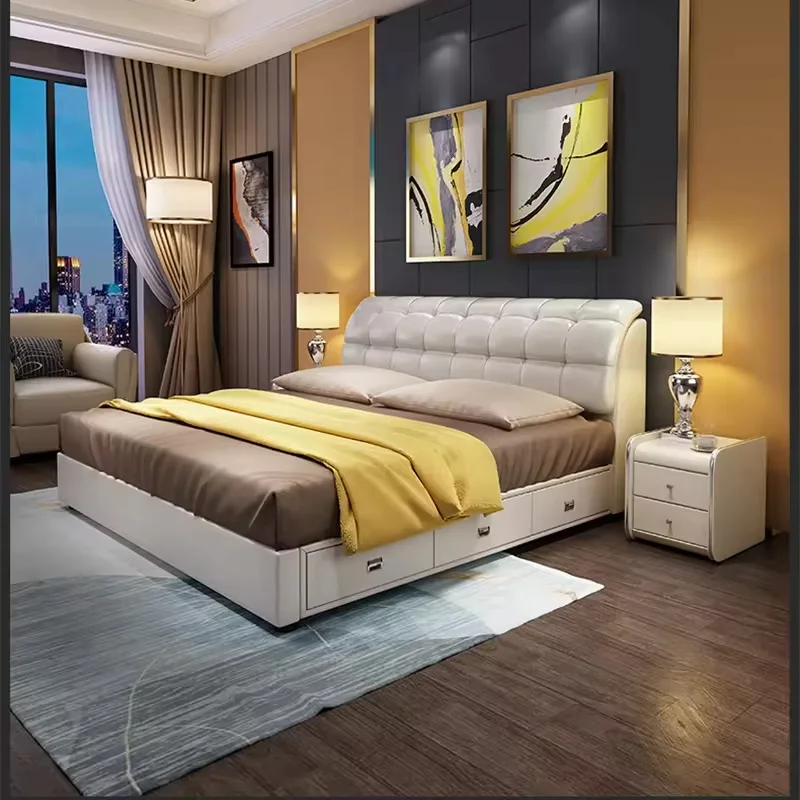 Modern Design King/Queen Size Platform Bed with Storage Wooden Panel and tufted headboard Leather Upholstery for Home