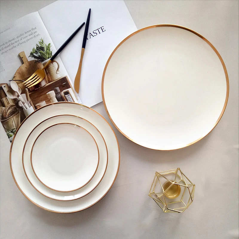 Dinnerware Wholesale Fine China Dinnerware Sets Luxury White Plates With Gold Rim Dishes Plates Ceramic