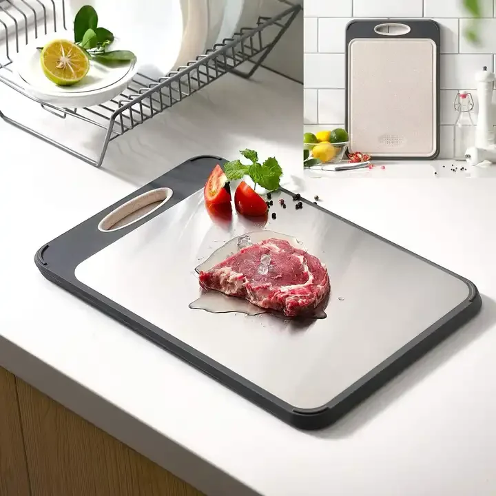 Double Sided Stainless Steel Cutting Board for Kitchen Food-Grade Stainless Steel and Wheat Straw  chopping board Easy to Clean