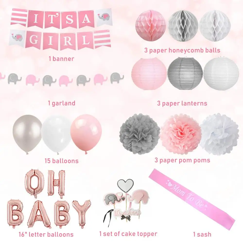 Это баннер для девочки, комплект воздушных шаров с надписью Oh Baby Girl Baby Shower на тему слона, Детские принадлежности для душа