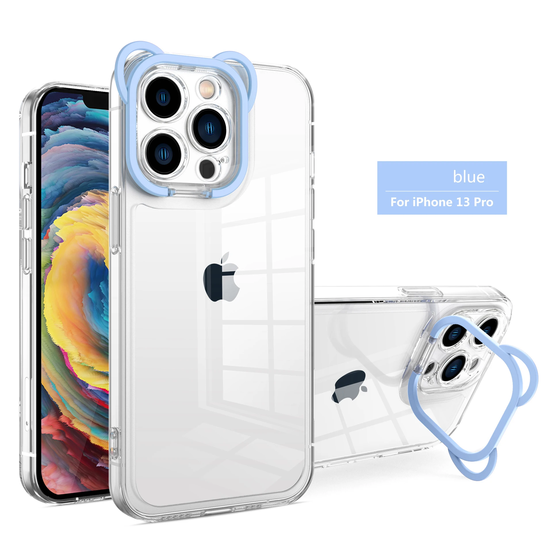 Leadingplus Cute Candy Color Invisible Lens Bear Bracket Camera Holder Stand Clear Phone Case Cover For iPhone 13 12 11 Pro Max