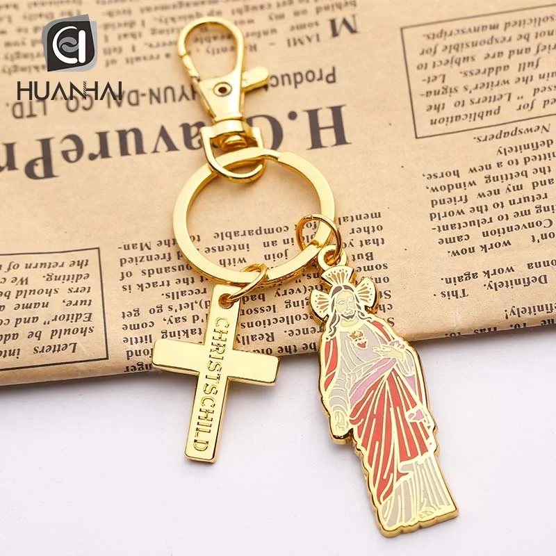 customize similar design gold plated metal hard enamel jesus cross keychain