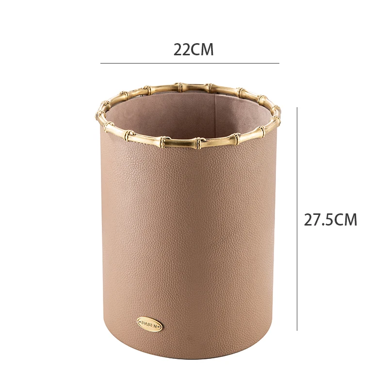 Hotel metal bins custom Luxurious Palace Brass Wastebasket  High-grade leather rubbish bin can be customised with logo