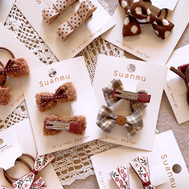2023 Brown Color Hair Ornament Fancy Bow Hair Clips and Elastic Hair Band Sets Autumn and Winter Headpieces for Girls