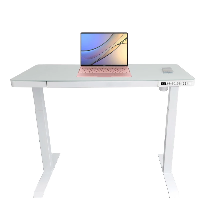Electric Height Adjustable Standing Desk Glass Top Ergonomic Stand Up Table Single Motor With Wire Charging And USB Controller