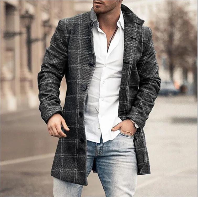 Wholesale 2022 Fashion Plaid Woolen Jacket Coat Mens Autumn Winter Casual Long Trench Coat Outerwear