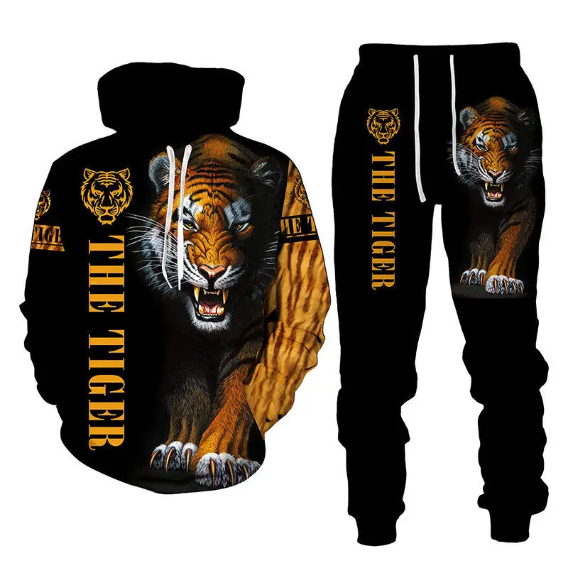 Hot selling 2024 European and American cross-border suit 3D digital printing animal lion men and women hoodie sweater and pants