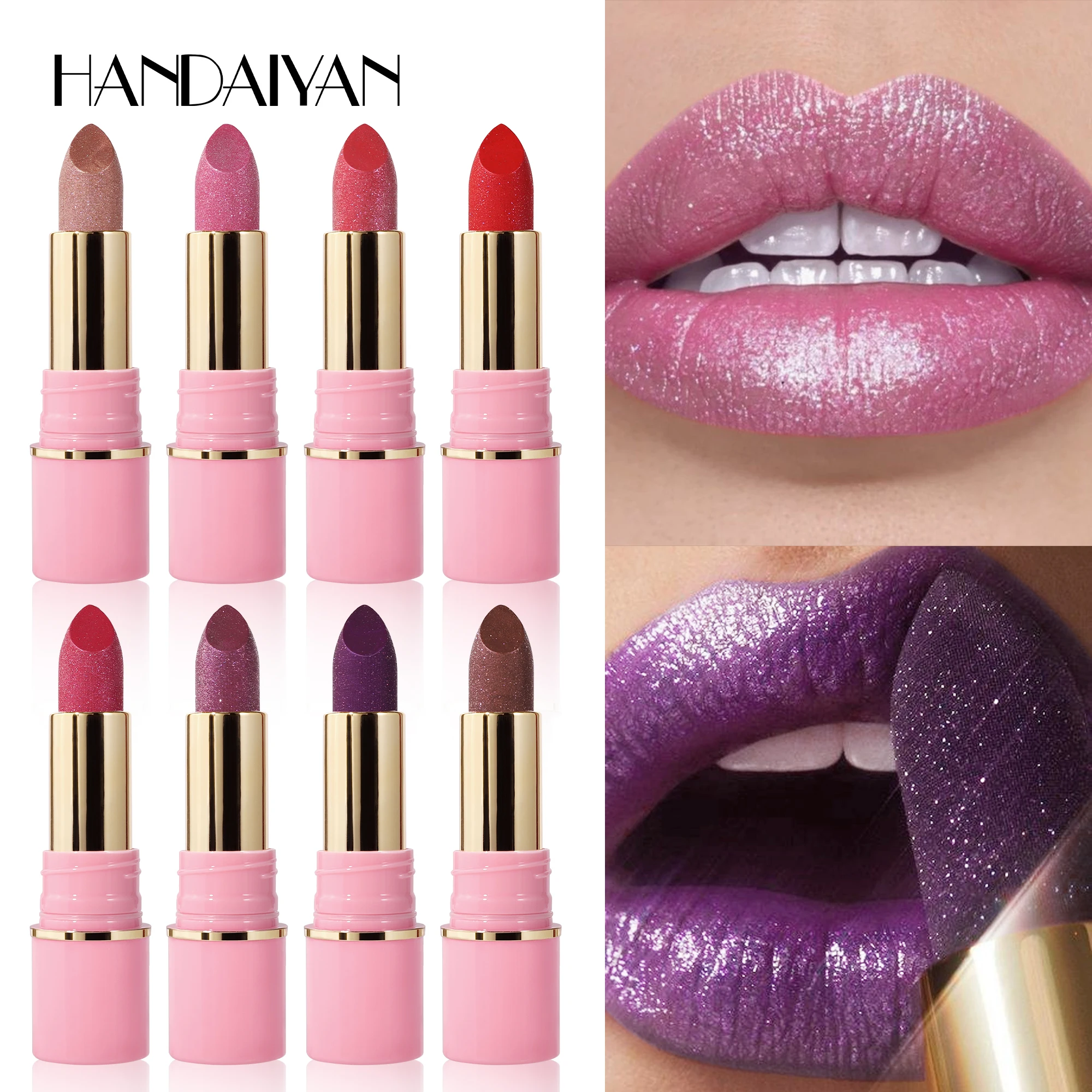 HANDAIYAN 8 Colors Wholesale Shimmer Glitter Lipstick Moisturizing Emboss Shiny Sparkle Silk Moire Design Lip Makeup Cosmetics