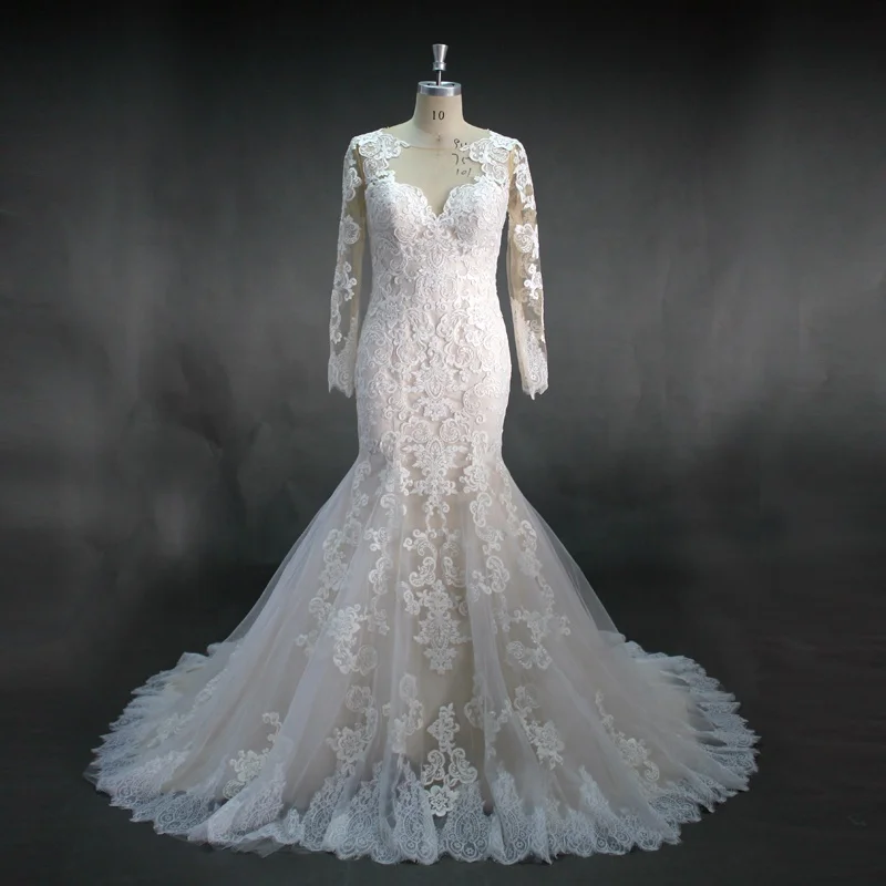 Классический выбор невесты прозрачный вырез аппликация Шампанское на подкладке Русалка Узор с длинным рукавом кружевные свадебные платья