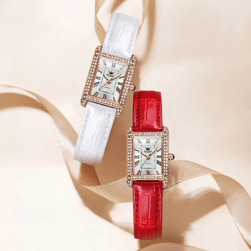 OLEVS 9935 Luxury Watches Women Square Rose Gold Wrist Watches Red Leather Fashion Watches Female Ladies Quartz Clock Gifts
