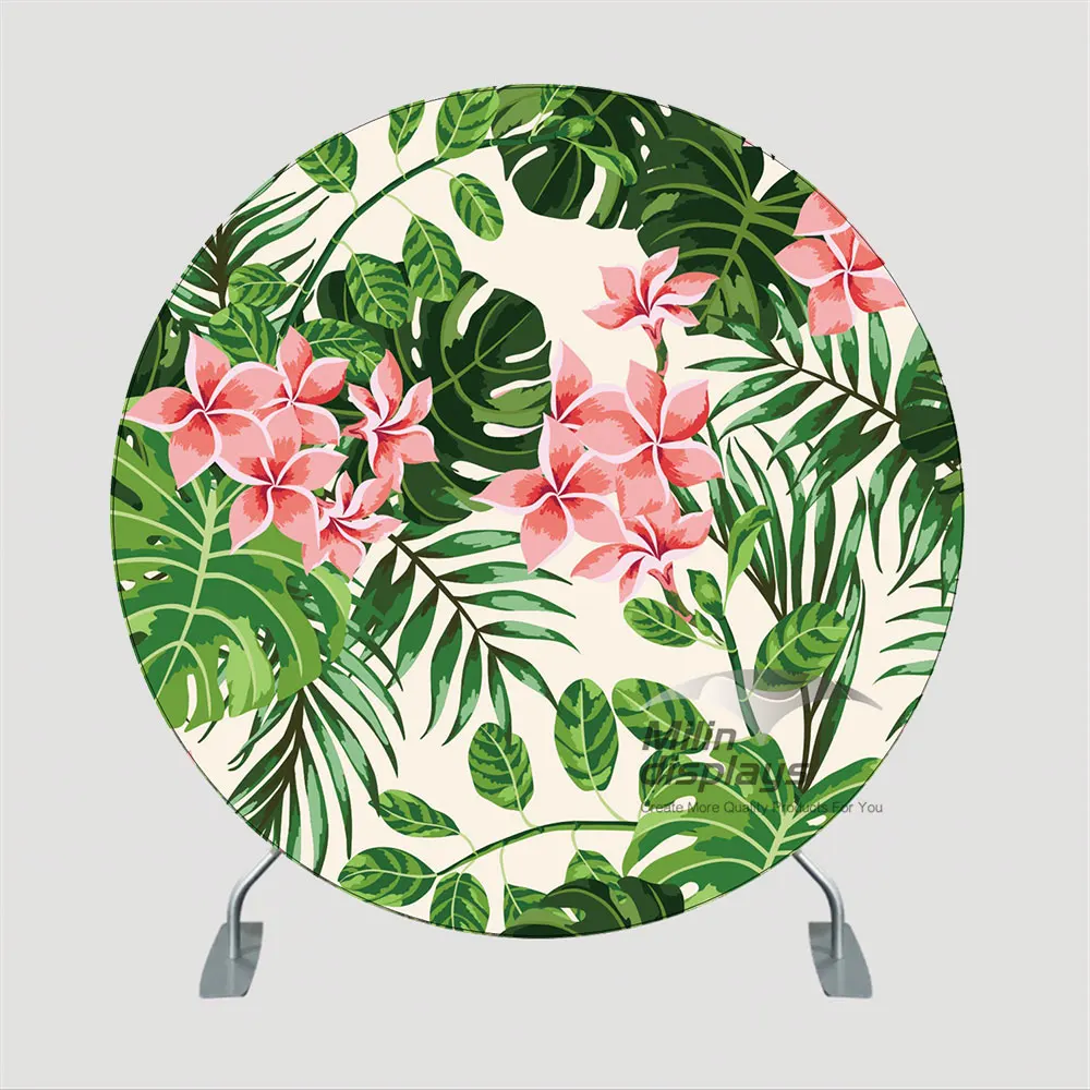 Custom printed tension fabric displays round metal backdrop stand