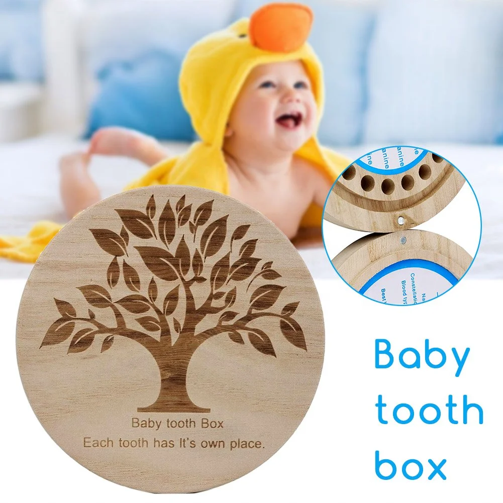 PaFu Round Baby Tooth Fairy Box Wooden Keepsake Box Special for Kids Babies Teeth Storage Holder Organizer