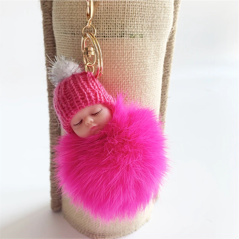 Индивидуальные буфами на рукавах с кроличьим мехом Спящий ребенок помпонами брелок для женщин сумка Шарм украшения