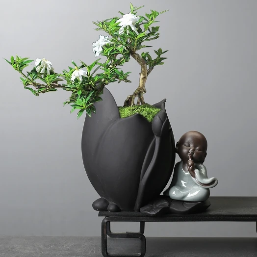 Pothos and Pilea Peperomioides Hydroponic Purple Clay Flower Vase Desktop Succulent Lucky Bamboo Zen Style Ceramic Potted Plant