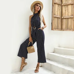 2022 Summer Custom Belt Polka Dot Halter Strap Wide Leg High Quality Rompers Jumpsuits For Women