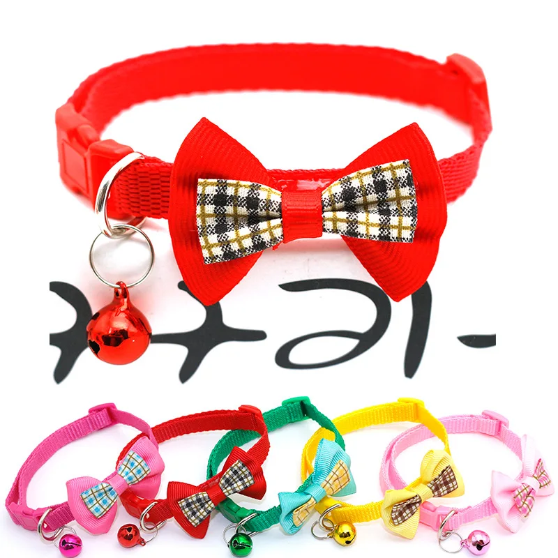 
Classic England Plaid Design Polyester Pet Cat Bowtie Cat Collars Cute Small Bells Red Green Breakaway Buckle 