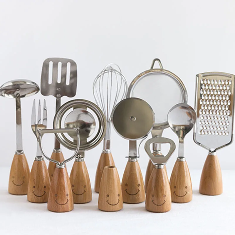 Instock Tools Utensils Steel Gadgets Stainless Wooden Wholesale Handle Cute Home Multipurpose Small Kitchen Gadget Set