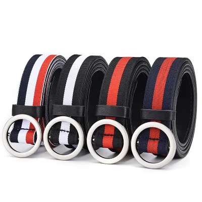 New Style Women Fabric 3colors Stripe Canvas Waistband Without Hole Round Metallic Buckle Leather Pin Buckle Belts